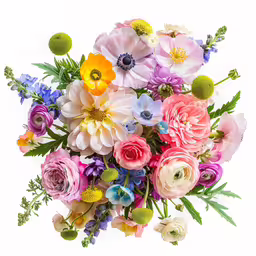 a bouquet of different flowers is displayed on a white background,a bouquet of flowers sitting in the middle of a white table