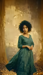 a woman in a long green dress standing by trees
