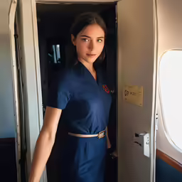 a young woman poses in the doorway of a plane