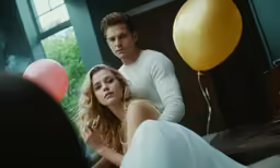 the young couple are posing with the balloons