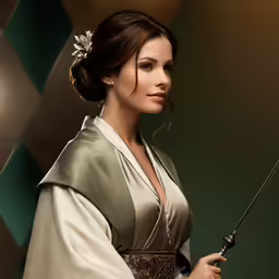 a beautiful woman in an oriental kimono holding a knife