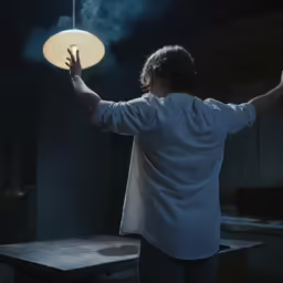 man standing in front of table reaching out to a light