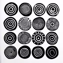 a black and white drawing shows different types of circles,an image of many black circles in a white background