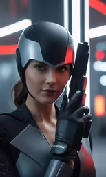 a woman holding a gun with a helmet on