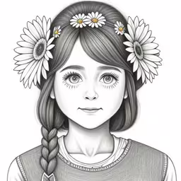 a drawing of a young girl with flowers in her hair,a little girl with daisies in her hair