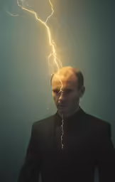the man is dressed in a suit with lightning shining above his head
