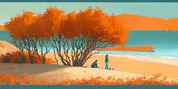 two people are on the beach under a tree and looking out to sea,two people stand on a beach while a dog walks by