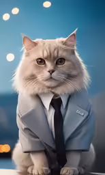 the cat in the gray suit looks into the camera