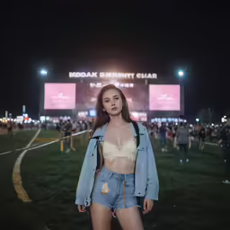 a young woman is standing in front of a stage at a baseball game