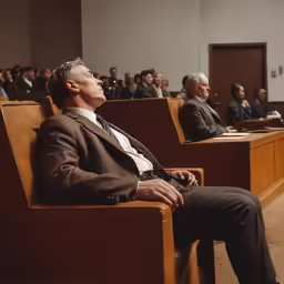 men in suits sitting in courtroom with people watching