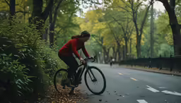 an image of a woman riding her bike in the fall