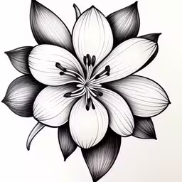 a drawing of a flower on a paper,a drawing of a flower with long leaves