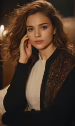 a beautiful young lady sitting down with her hand on her cheek