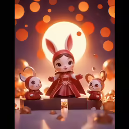 a little rabbit doll with two smaller ones in front of a large moon