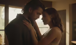 the woman in white is holding the man in a suit