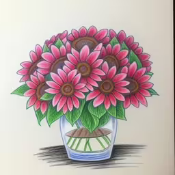 a drawing of a vase filled with pink flowers