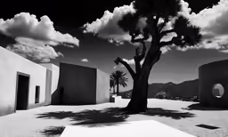 an adobe with a tree in front of it