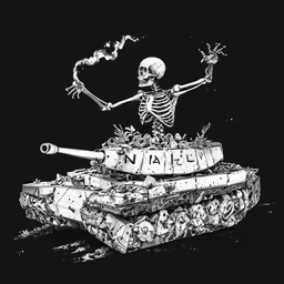 a skeleton and a tank with one hand in the air