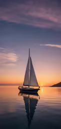 a small sailboat sailing down the water at sunset
