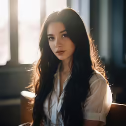 a woman sitting down with long dark hair