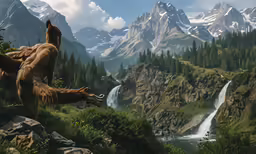 a painting of animals near water and mountains