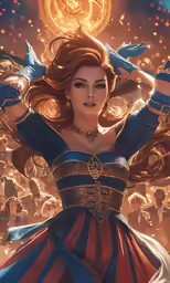 the evil queen is surrounded by fire and golden objects