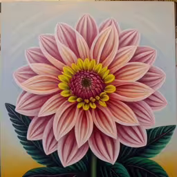 a flower is shown painted on the wall,a painting of a flower with green leaves on the floor