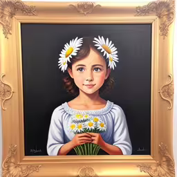 a painting of a young girl holding daisies in her hands
