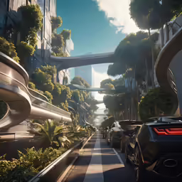 a futuristic city street with trees and buildings