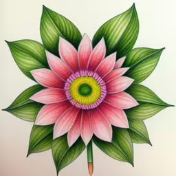 a colored drawing of a flower with green leaves,colored pencil drawing of a pink flower with green leaves