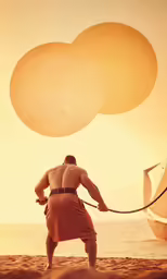a person on a beach pulling a rope with two circles in front of them