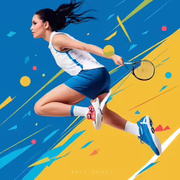 a woman wearing blue and white is running holding a tennis racket