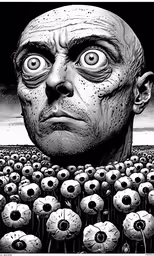 a creepy looking face surrounded by a field of flowers