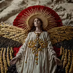 statue of a woman in religious outfit surrounded by many necklaces and rings