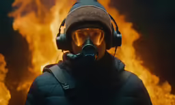 person in gas mask and coat standing in front of flames