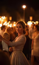 a lady in a dress is standing in front of a lot of people