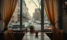 a table and chairs in front of a large window