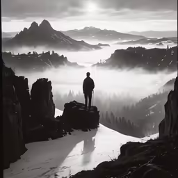 a man standing on top of a mountain with the sun in the fog