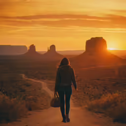 the sun sets on a dirt road with some mountains