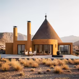 there is a building in the desert with three towers