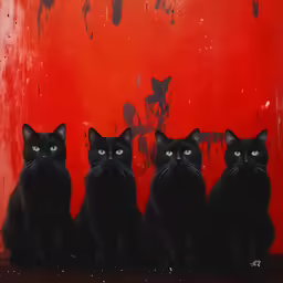 a group of black cats sit in front of a red painting