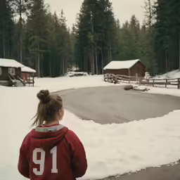 woman in red sweatshirt looking down at an empty road