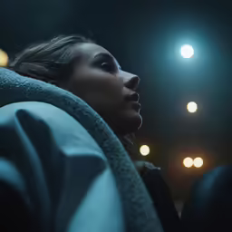 a woman sitting in a bus watching tv