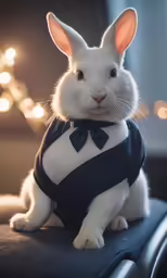 a white rabbit with an adorable look wearing a sweater