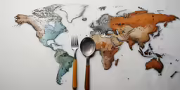 the table is littered with pieces of paper and utensils