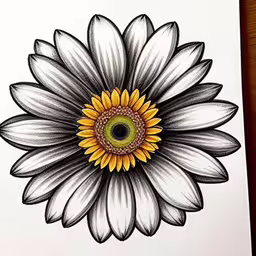 a drawing with black and white flowers in the middle,the flower is drawn on paper in colored pencils,an adult sized sunflower with the center and center colored in black and yellow,a drawing of a flower that looks like it has petals and is decorated with a large flower,a white card with a black flower in the middle
