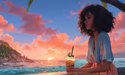 woman sitting down with a cocktail by the ocean,a young girl sits on the ground next to an iced drink