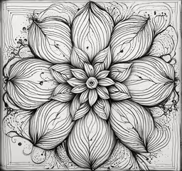 an ornate flower on a square, with black and white outline,a drawing made in black ink with a black and white background