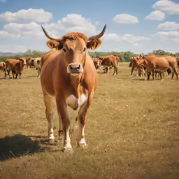 a brown bull standing in a pasture full of cows