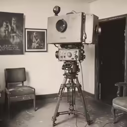 an old fashioned movie camera in front of a chair